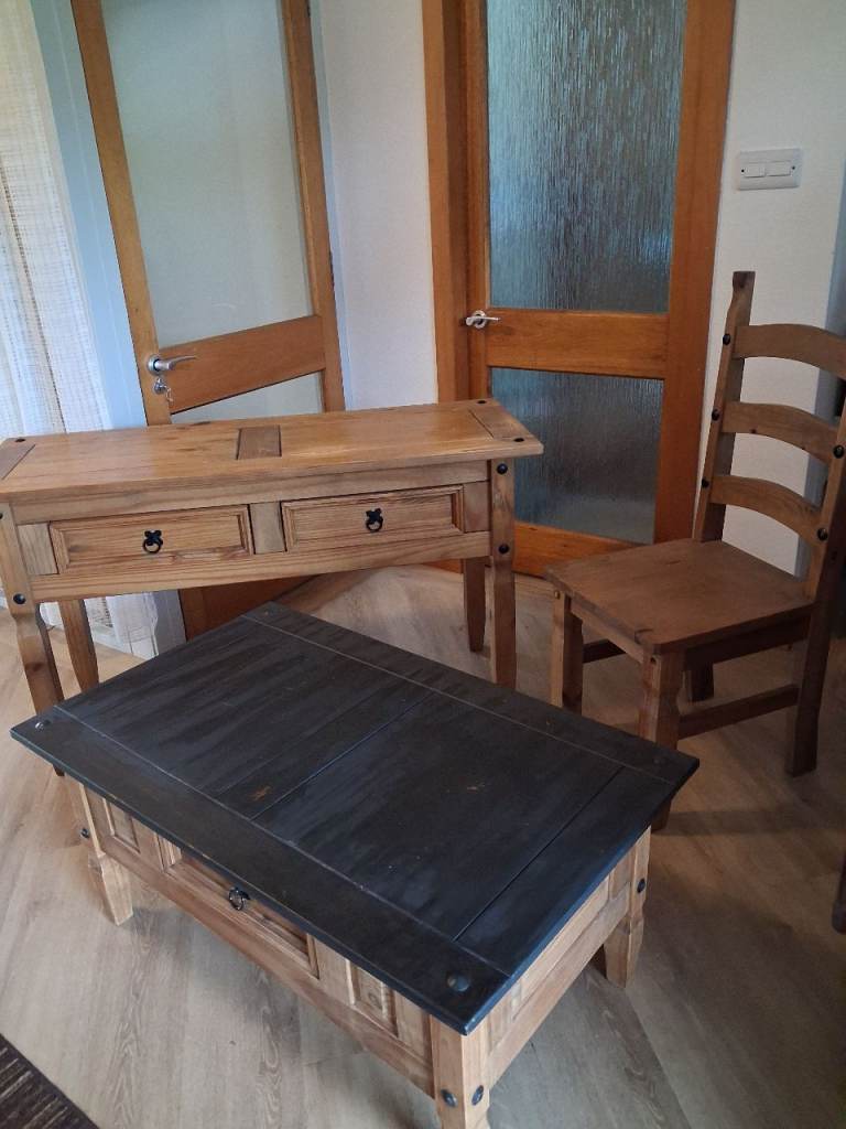 Solid Pine Console Table, Coffee Table, and Chair – Good Condition