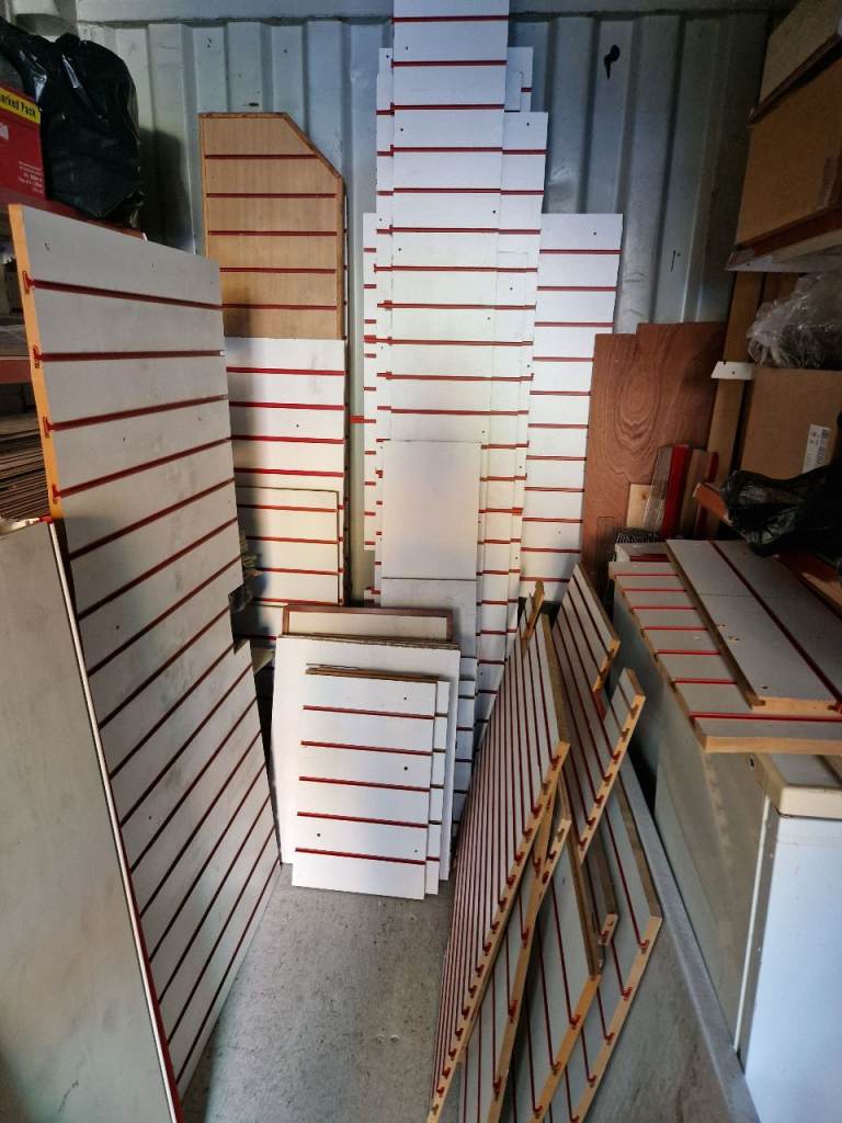 White Slatwall Panels with red Inserts - Hooks available as well