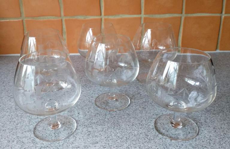 Set of 6 etched Brandy/Cognac Glasses. 12 cm high