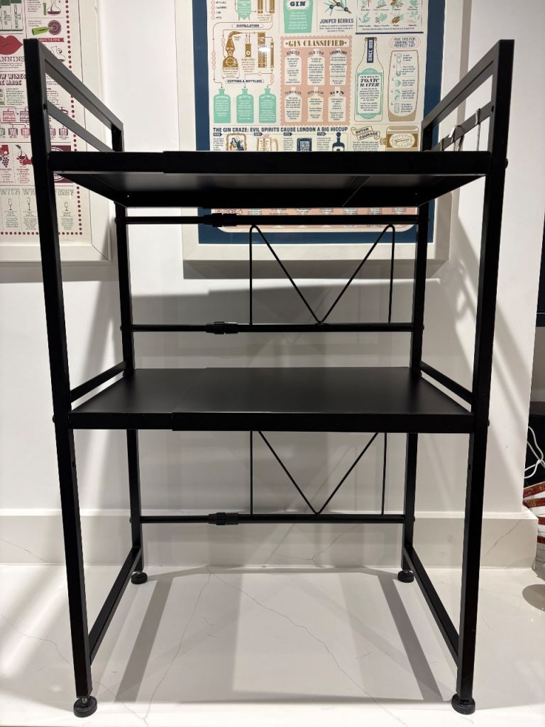 Two tier expandable microwave shelf stand - used during temporary kitchen SAVES workspace! 