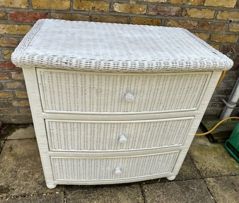 Vintage White Wicker Chest Of 3 Drawers by Henry Link White. Dresser Bohemian