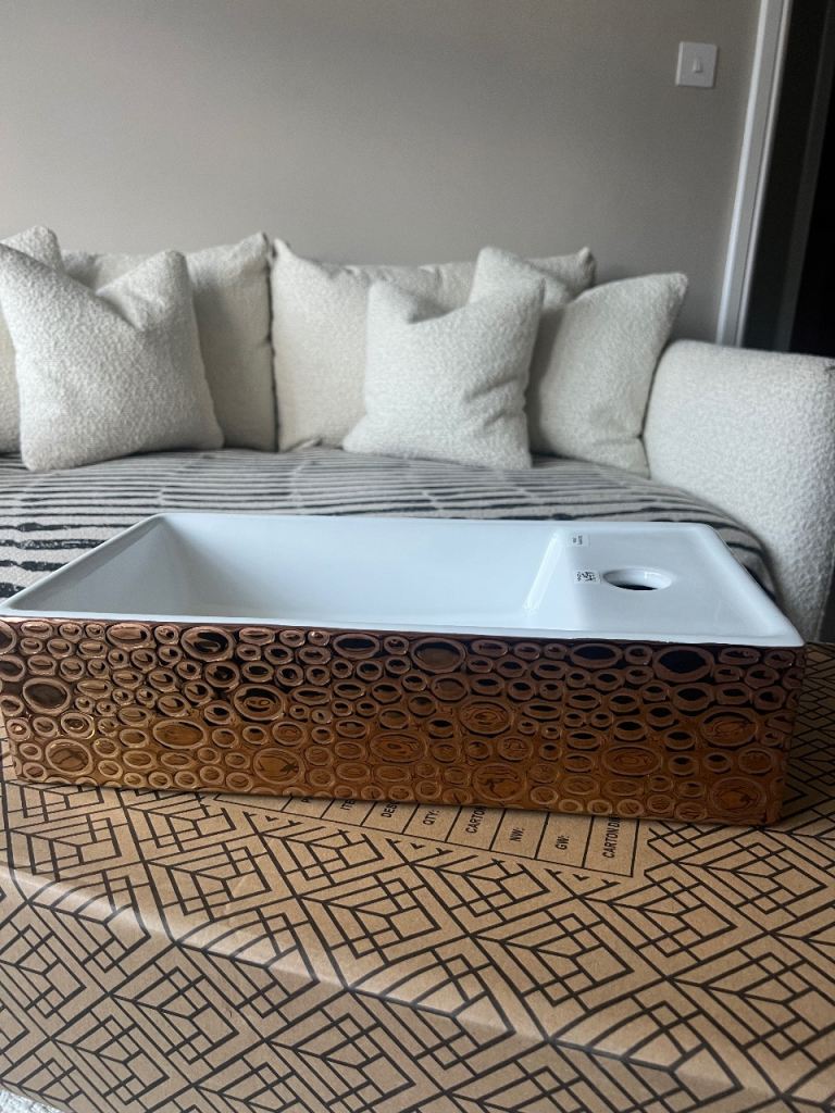 New White Ceramic Bathroom Sink with Unique Gold Pattern