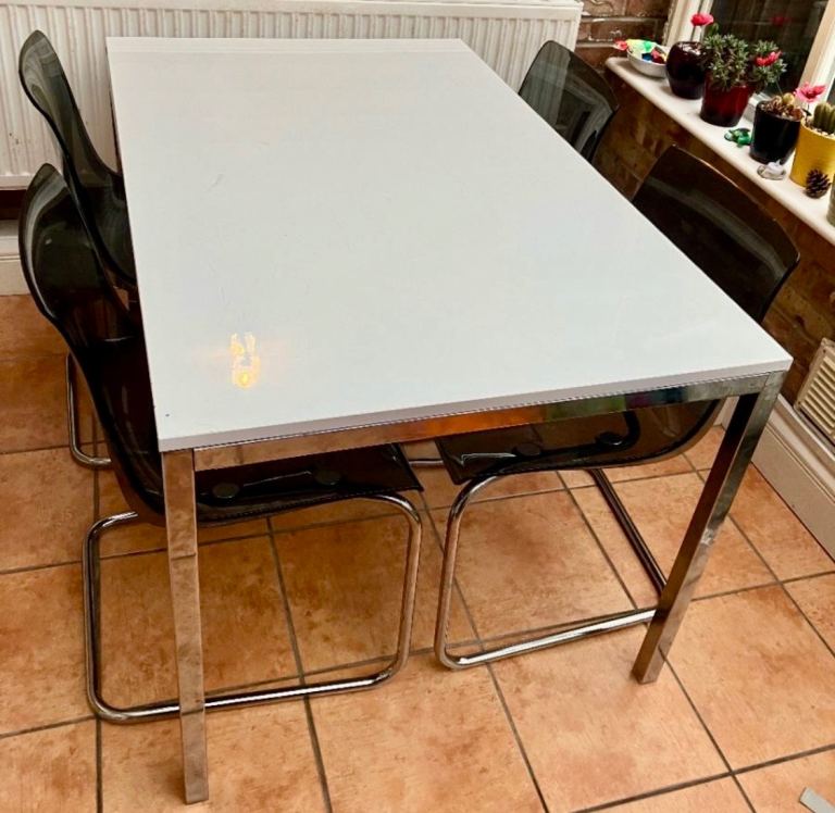 IKEA Dining Table and 4 TOBIAS Chairs – White/Chrome, Good Condition