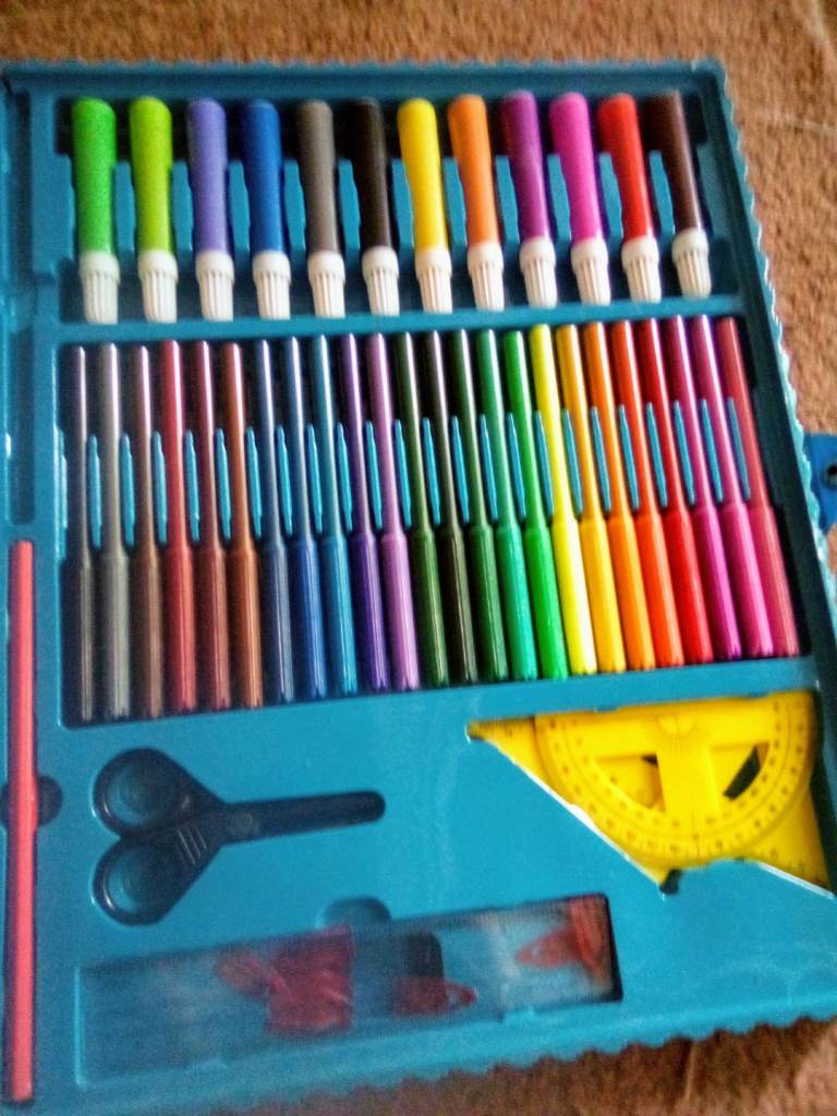 Stationery box in carry case. Pens paint felt tips geometry scissors glue etc 144 plus pieces