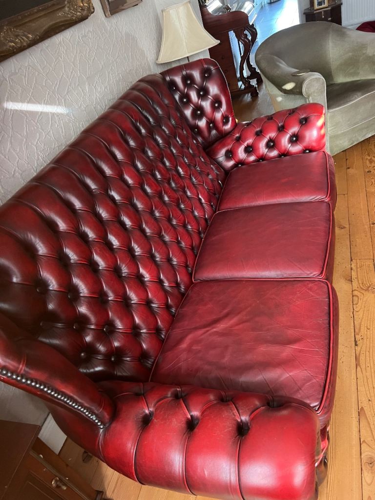 Red Leather Chesterfield Sofa – Good Condition