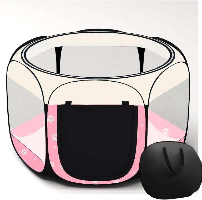 Portable Dog Fence Foldable Pet Playpen with Carry Bag – Pink Pattern