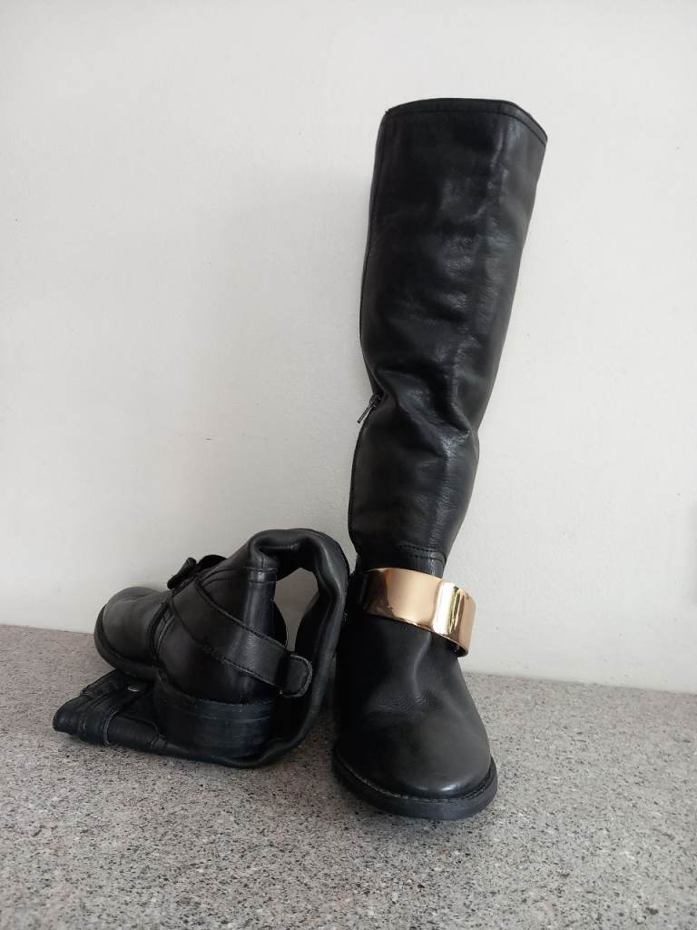 Black leather boots.