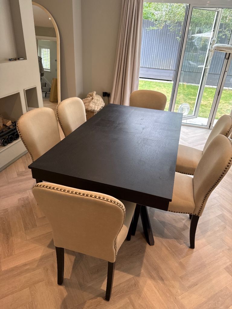 Dining Table and 8 Chairs Set – Dark black Wood & Cream Fabric