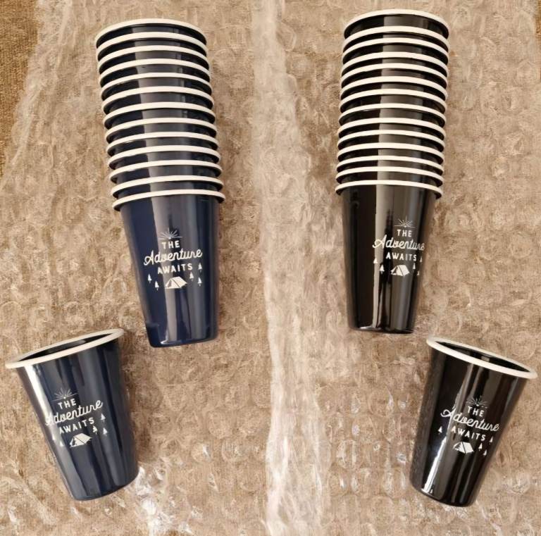 Bell & Curfew Ltd 'The Adventure Awaits' Enamel Cups - Blue & Black, As Good As New
