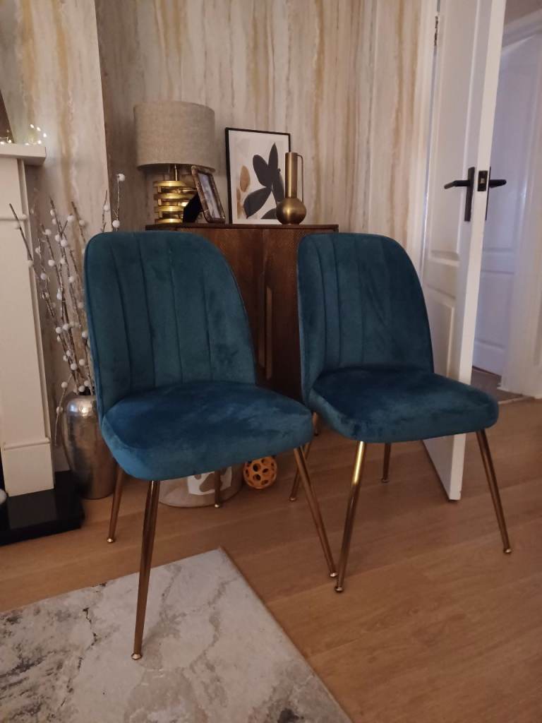 Four Teal Velvet Dining Chairs with Gold Legs – As Good As New