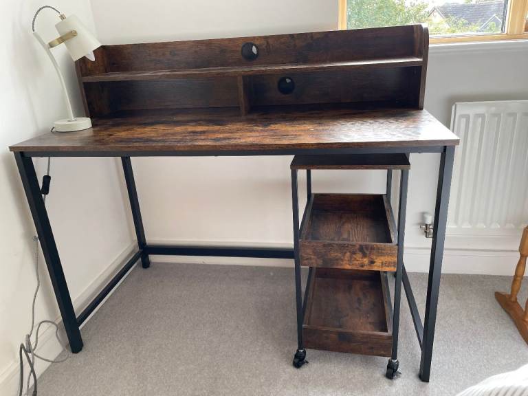 Wooden Desk with Shelves and Mobile Storage Unit – Good Condition