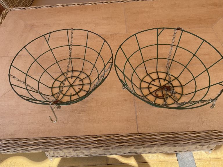 2 Green Plastic hanging baskets with chains