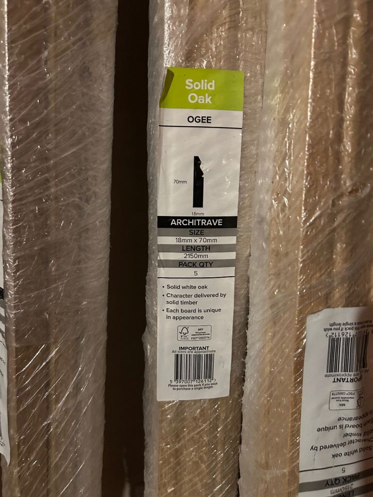 New Solid Oak Ogee Architrave Pack – 18mm x 70mm, 250mm length