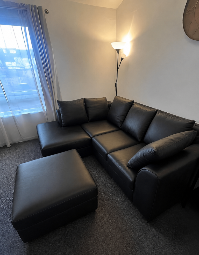 Black Leather 4 x Settee L Shape Corner Sofa | Leather Small Corner sofa With opt Footstool