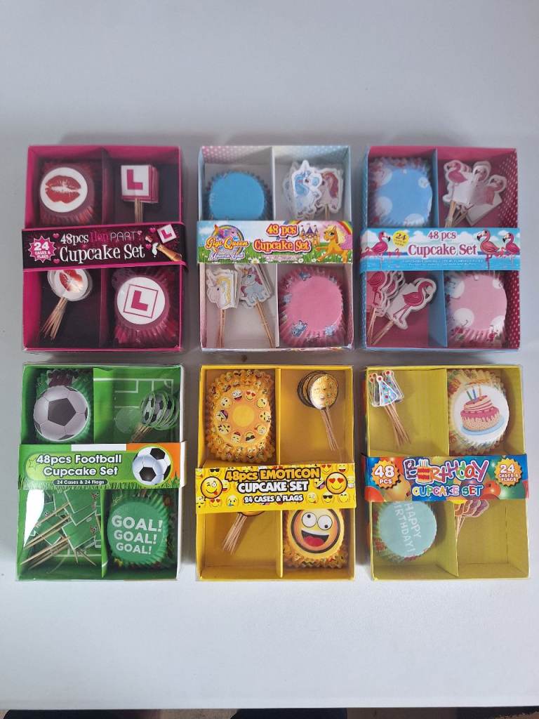 10 Cupcake Sets, 6 Designs, each with 24 Cups with Toppers. Cake makers, Car Booters, Stalls & Shops