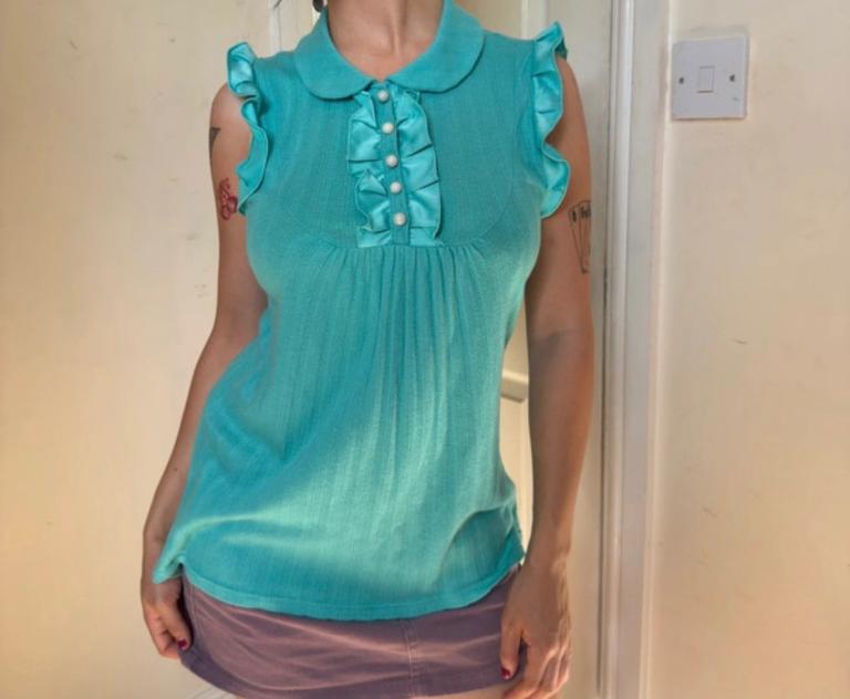Teal Ruffle Blouse with Pearl Buttons – Good Condition