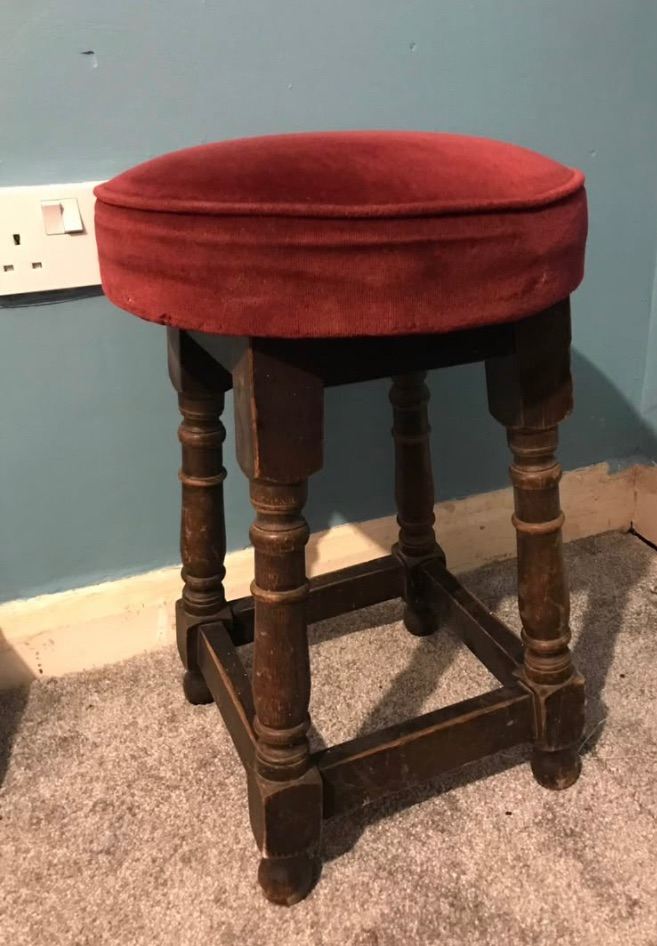 Red Velvet Top Wooden Stool - Good Condition Pub Style