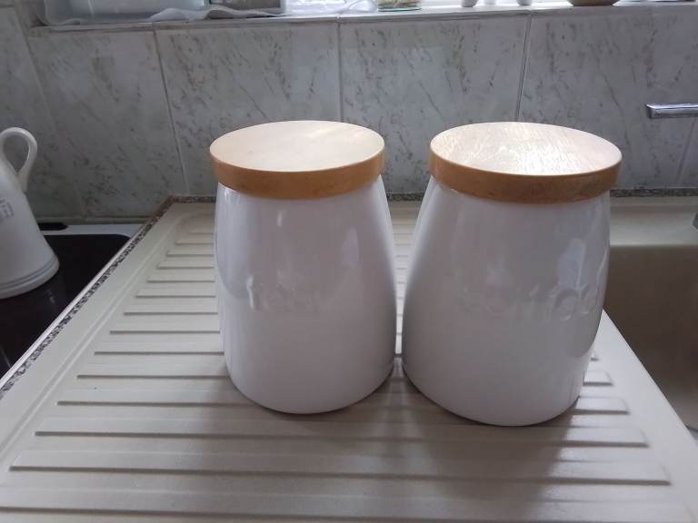 Canisters Set of 2 in Cream Ceramic Glaze for Tea & Coffee 
