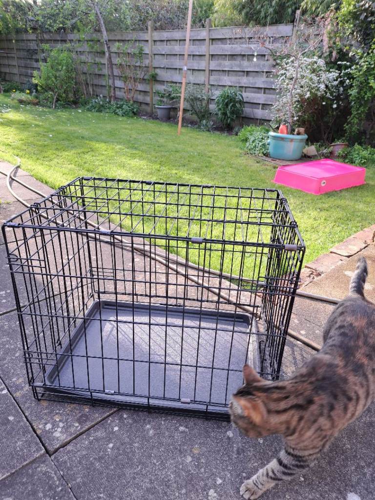 Small size collapsible, fold up cat / dog crate with carry handle.