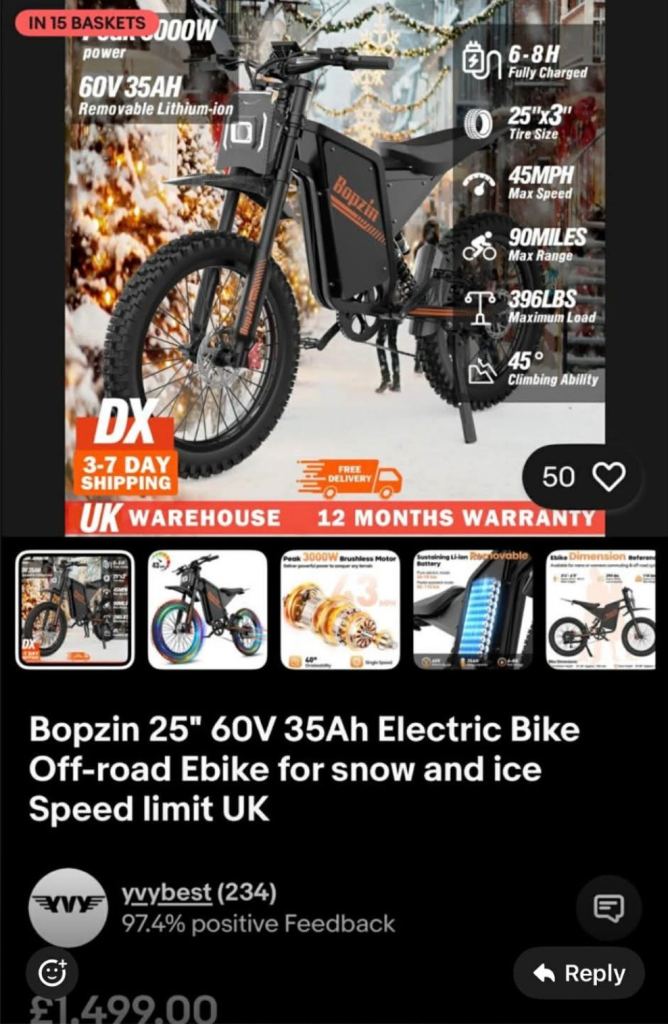 Bopzin Q8 60v 35ah 45mph bike (SWAP)