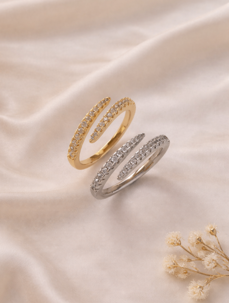 14K Gold or Silver Plated Pave CZ Band Ring Adjustable Minimalist Jewellery Gift for Her Trendy