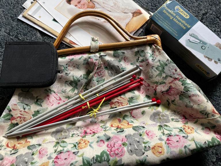 large Vintage Knitting Bag with some sewing accessories, etc