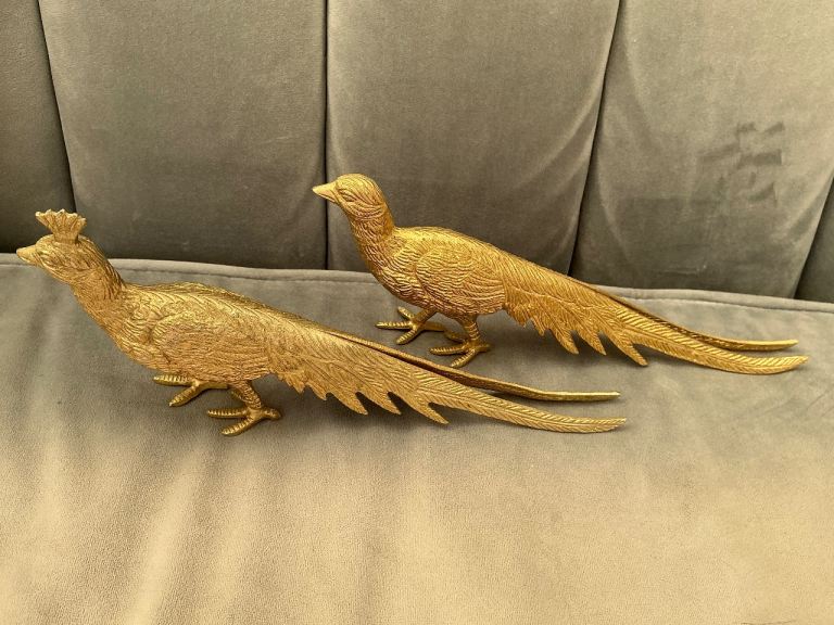 Pair of Gold Metal Peacocks Pheasant Birds Decorative Figurines 