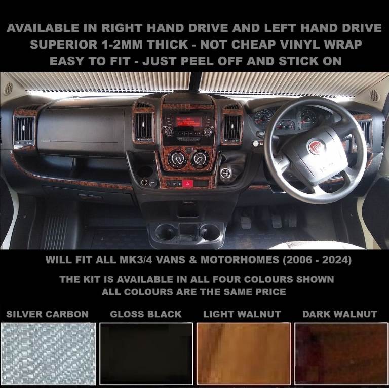 Fiat Ducato MK3/4 Van & Motorhomes - Gloss Black - Walnut - Silver Carbon - Stick On Dash Kit
