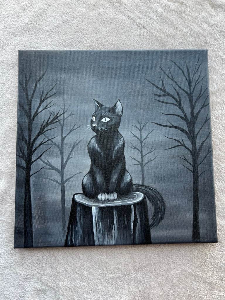Hand-Painted Black Cat Canvas Painting 30x25 cm by Wilorenc