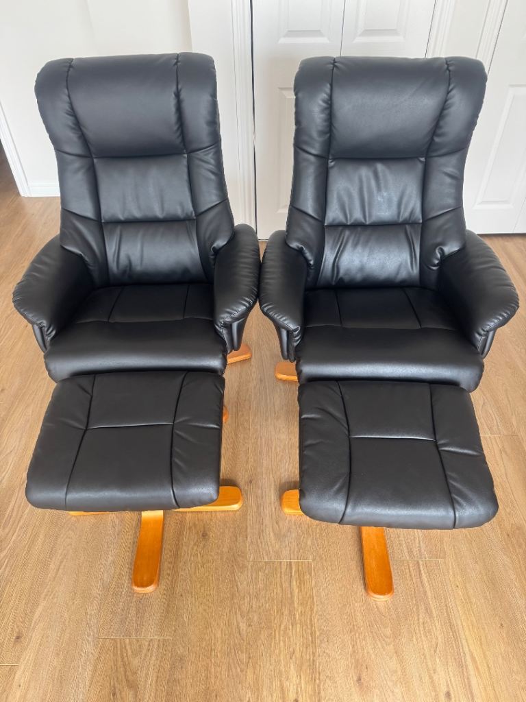 2x Leather reclining swivel chairs  with footstools 