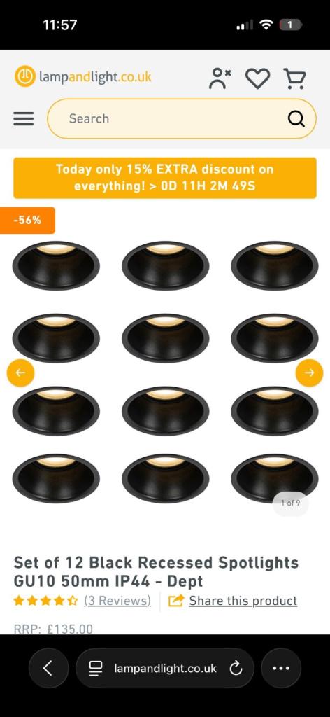 BRAND NEW SEALED BOXED, Matt Black Recessed Spotlights GU10 50mm IP44 42 AVAILABLE £6 EACH