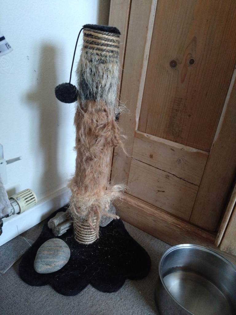 Cat things - scratch pole, tunnel, crate, silo feeder, 30l wood pellet litter