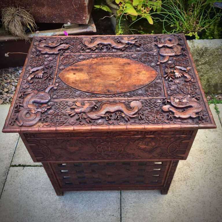 Late 19th Century Intricately Carved Fruitwood Asian Scribes Desk Table