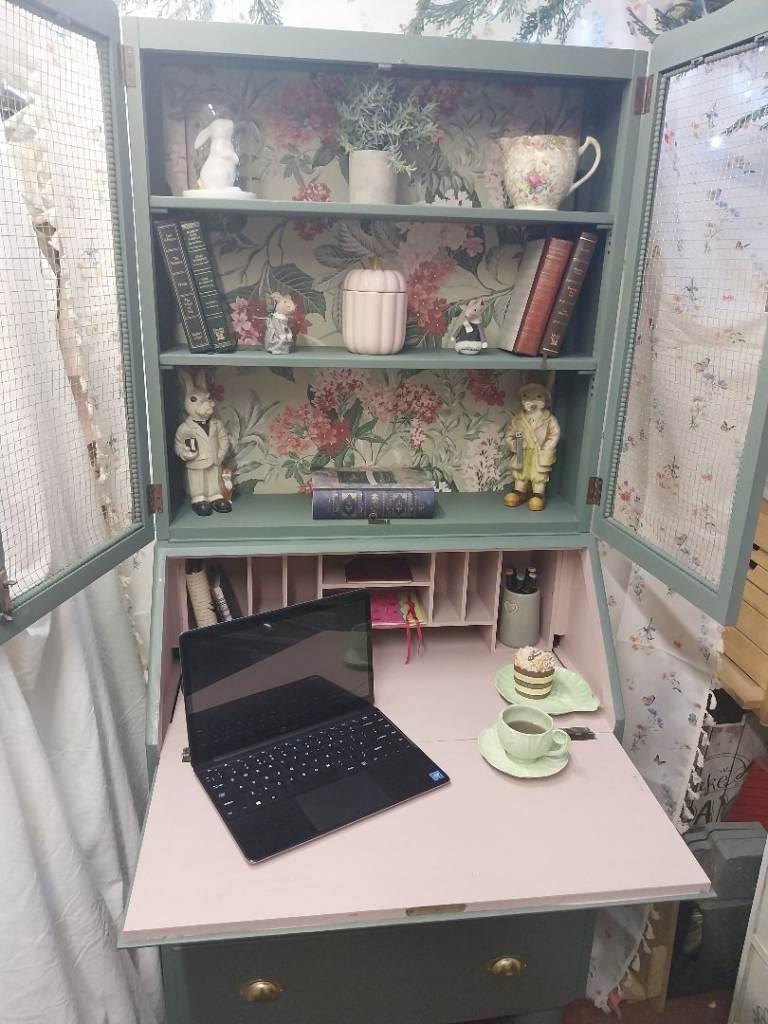Charming Upcycled Wooden Desk with Display Cabinet