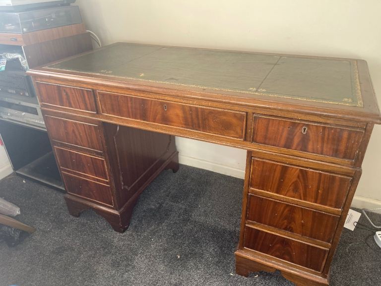 Victorian style Antique Green inlaid leather Desk