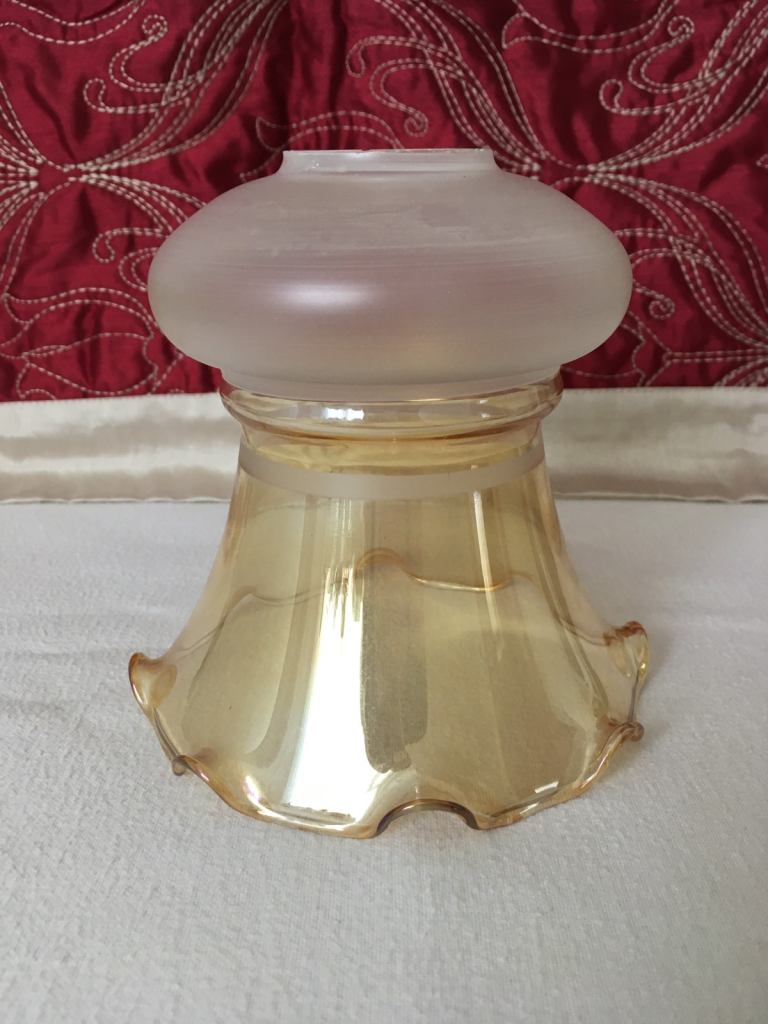 Antique Victorian Glass Oil Lampshade Frosted & Light Amber Ruffle 
