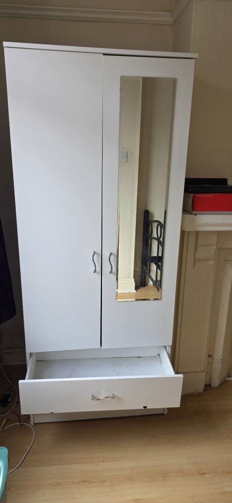 White Single Wardrobe with Mirror and Bottom Drawer