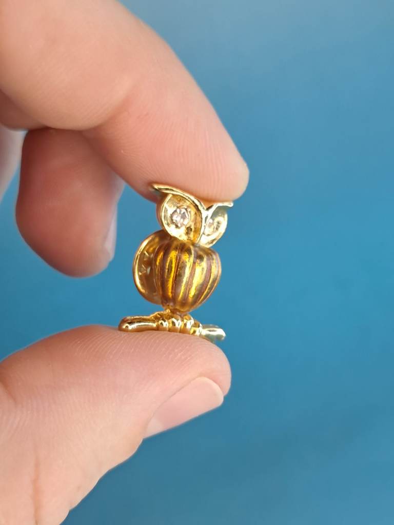 Vintage Gold Color Owl With Crystal Eyes,Brooch.