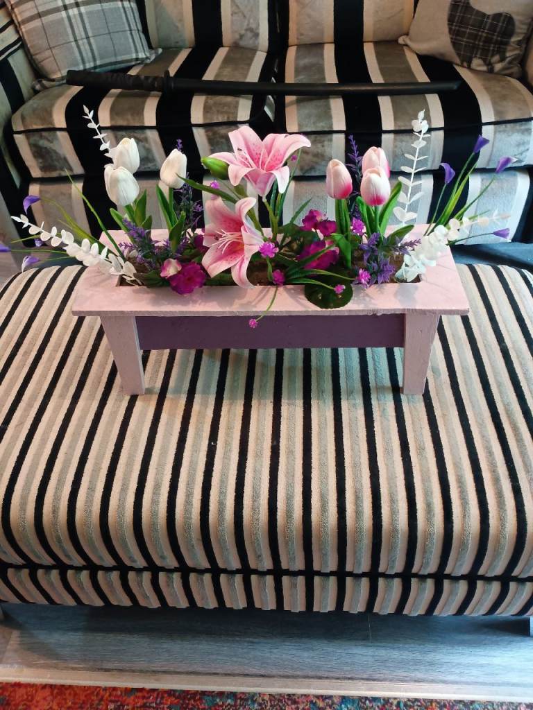Pink Floral Arrangement in Wooden Planter – Good Condition