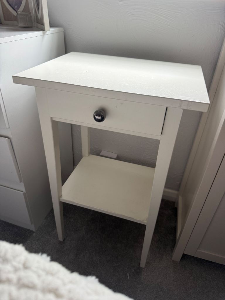 White Wooden Bedside Table with Drawer and Lower Shelf