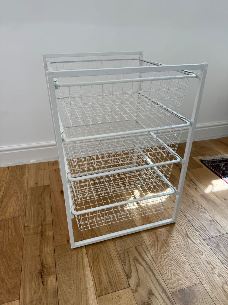 White Metal Storage Unit with 3 Wire Baskets