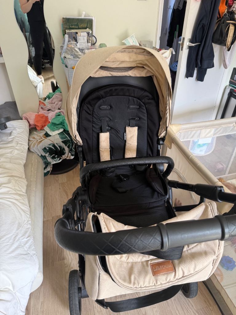 Baby Pram/Stroller - Beige and Black, Good Condition