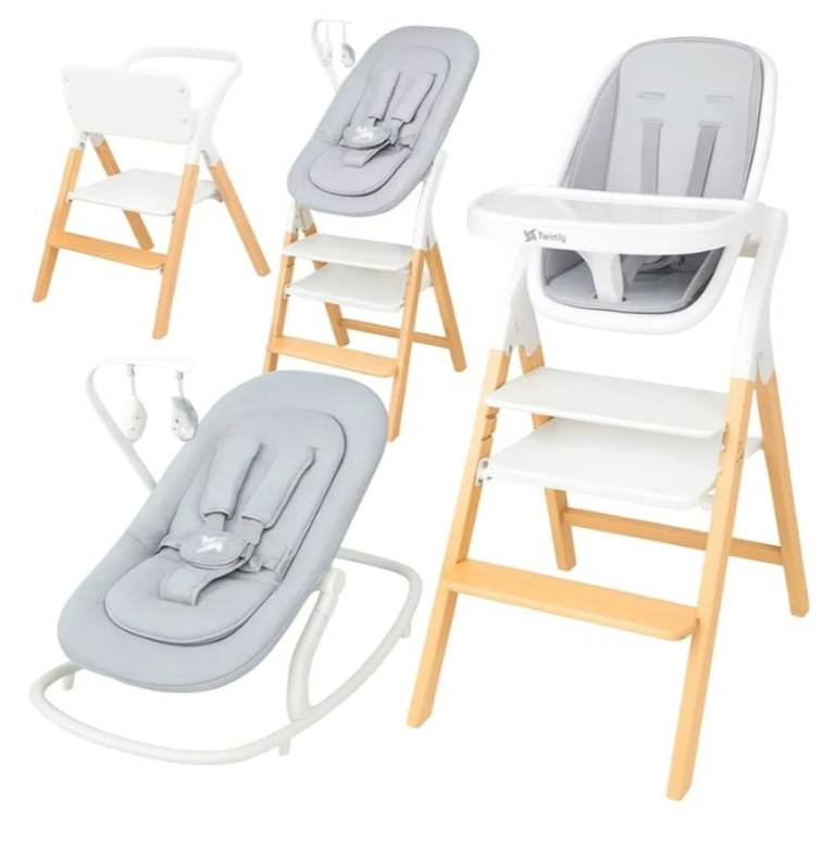  5-in-1 High Chair and Bouncer Set – White and Wood