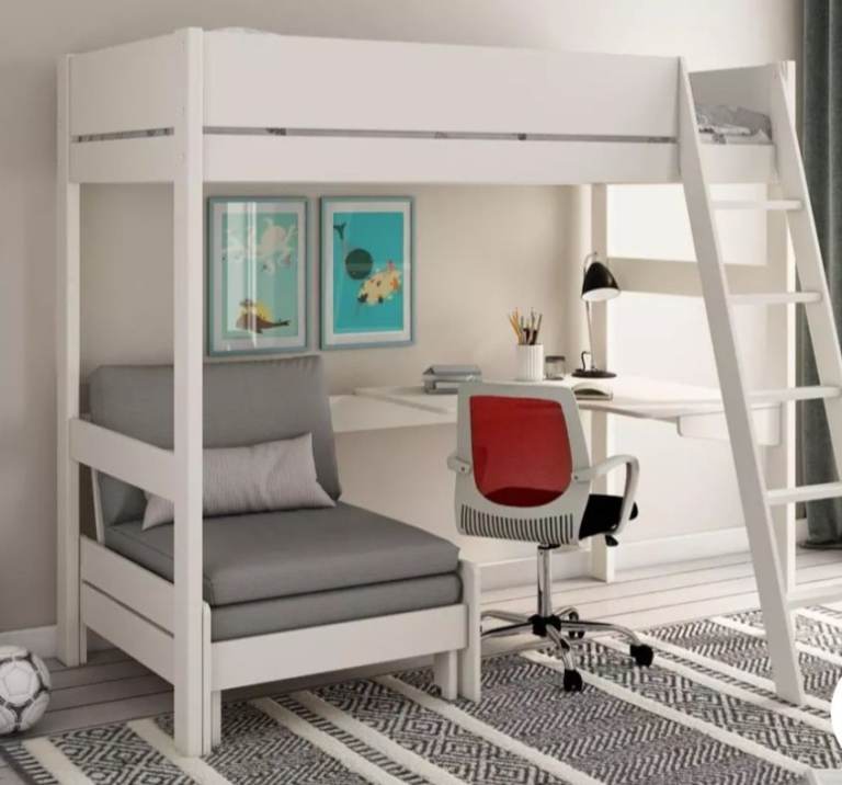 White High Sleeper Bed Frame with mattress and Desk – As Good As New ...