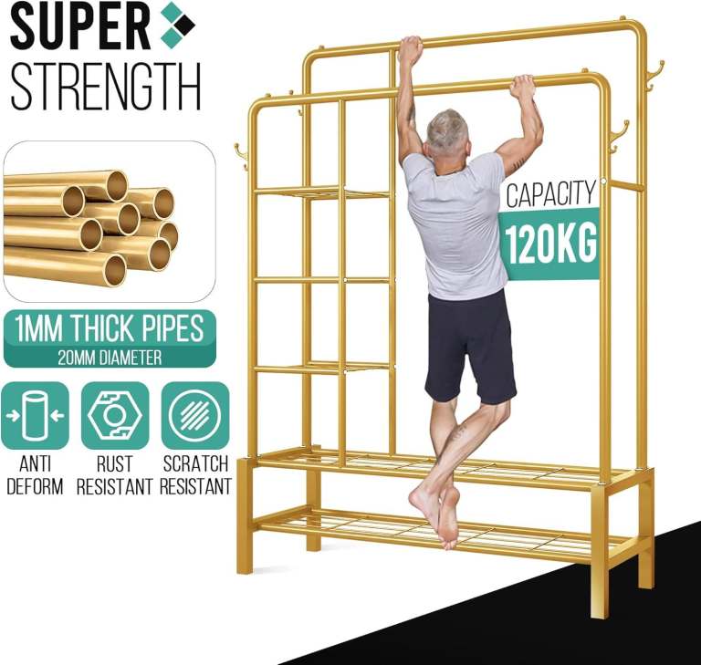 New Matte Gold Clothes Rail with Shelves and Hooks