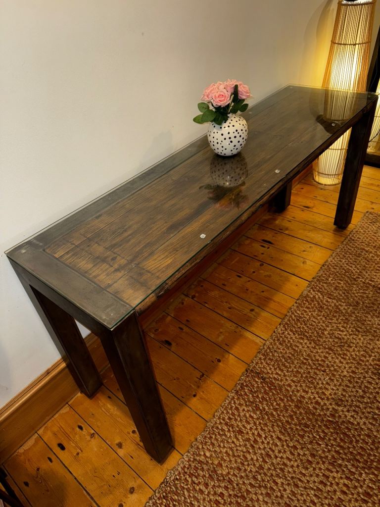Rustic oak & steal console table with glass top