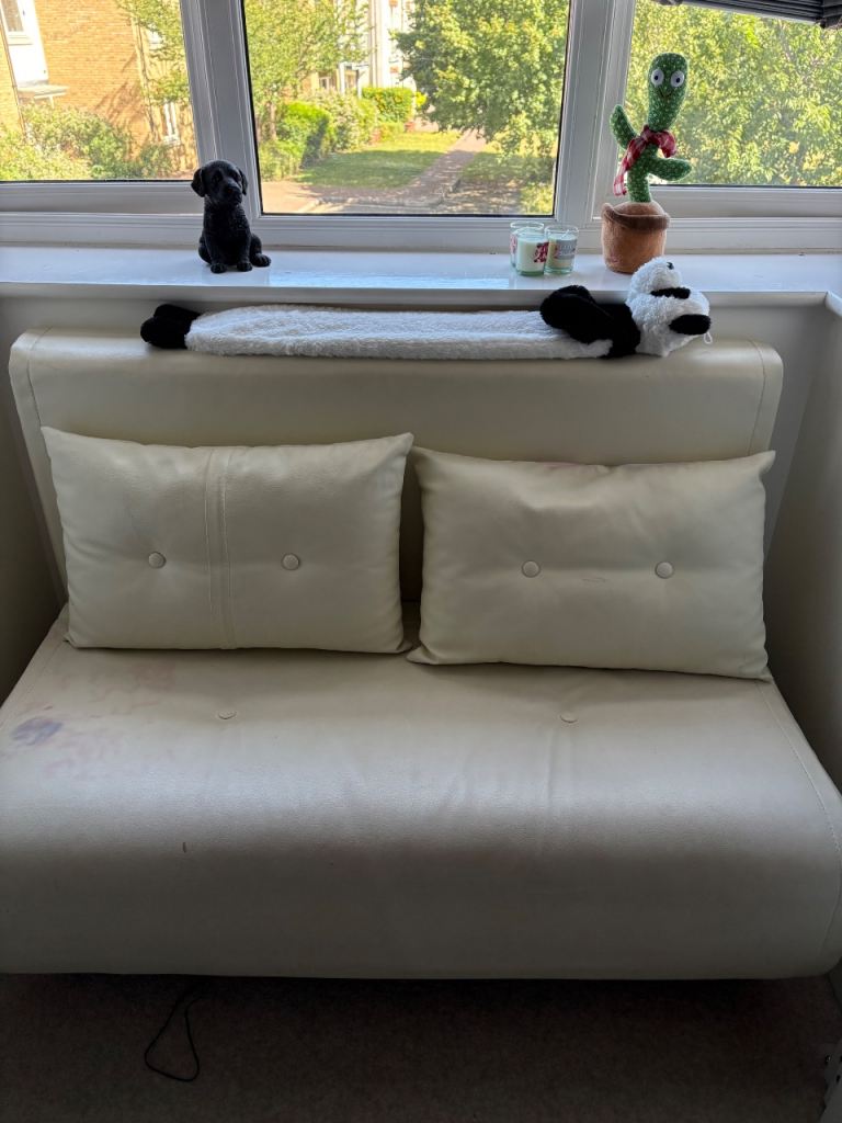 Cream Faux Leather Sofa Bed – Space Saver, Needs TLC
