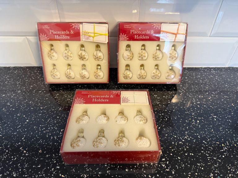3 boxes of Gold Glitter Snowflake Bauble Christmas Place card Holders. 