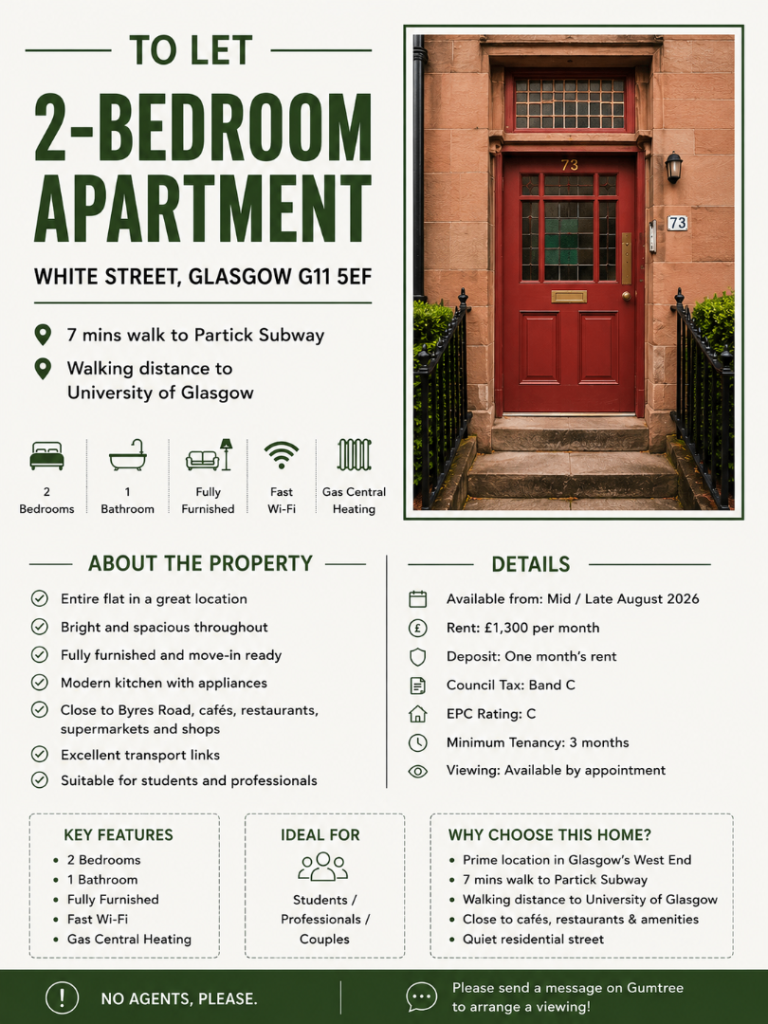 Spacious 2 Bedroom Flat to Rent – White Street, Glasgow G11 5EF
