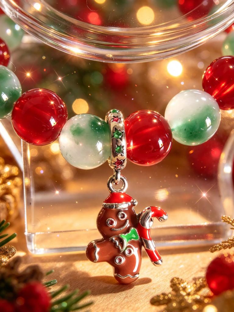 Handmade festive sterling silver charm beaded bracelet 